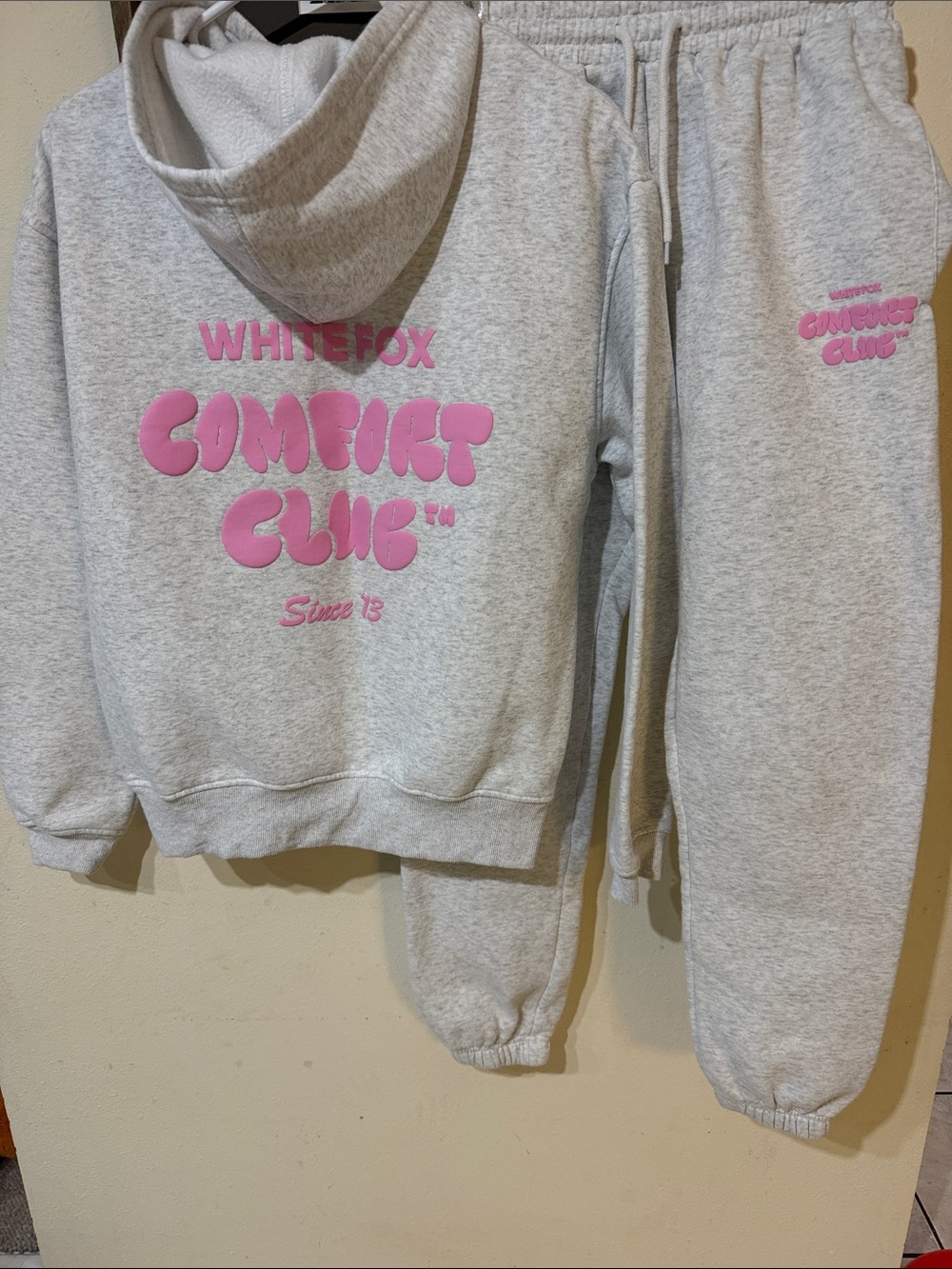 White Fox Boutique Comfort Club Heathered Gray with Pink Logo Lounge Set